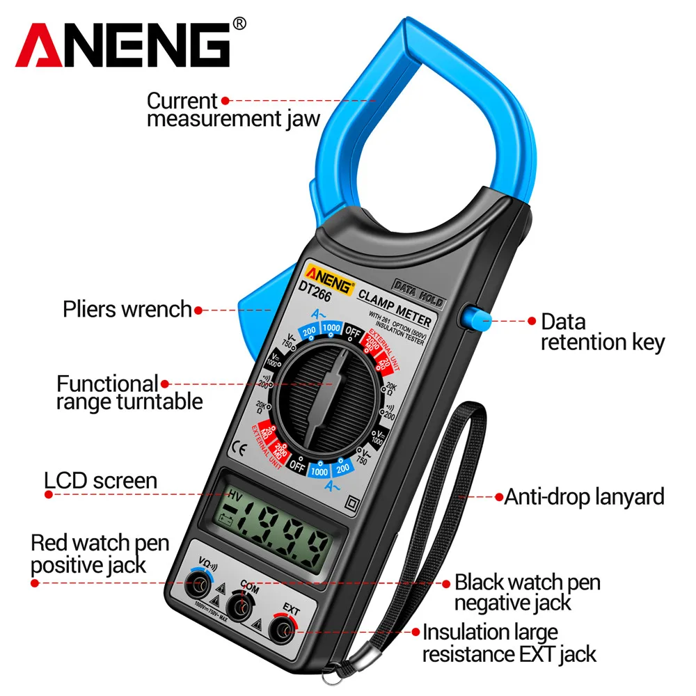 ANENG DT266-8 Clamp Meter 1000A AC Curent Ammeter Upgrade Large Resistance Ohmmeter DC/AC Voltage Voltmeter Multimeter Test Tool