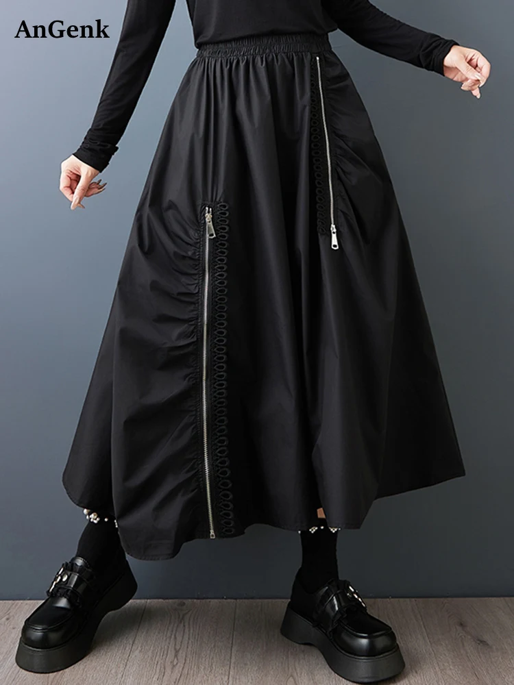 Falda plisada de cintura alta con cremallera empalmada Vintage negra para mujer, faldas largas informales holgadas a la moda de talla grande, ropa Sping otoño 2025