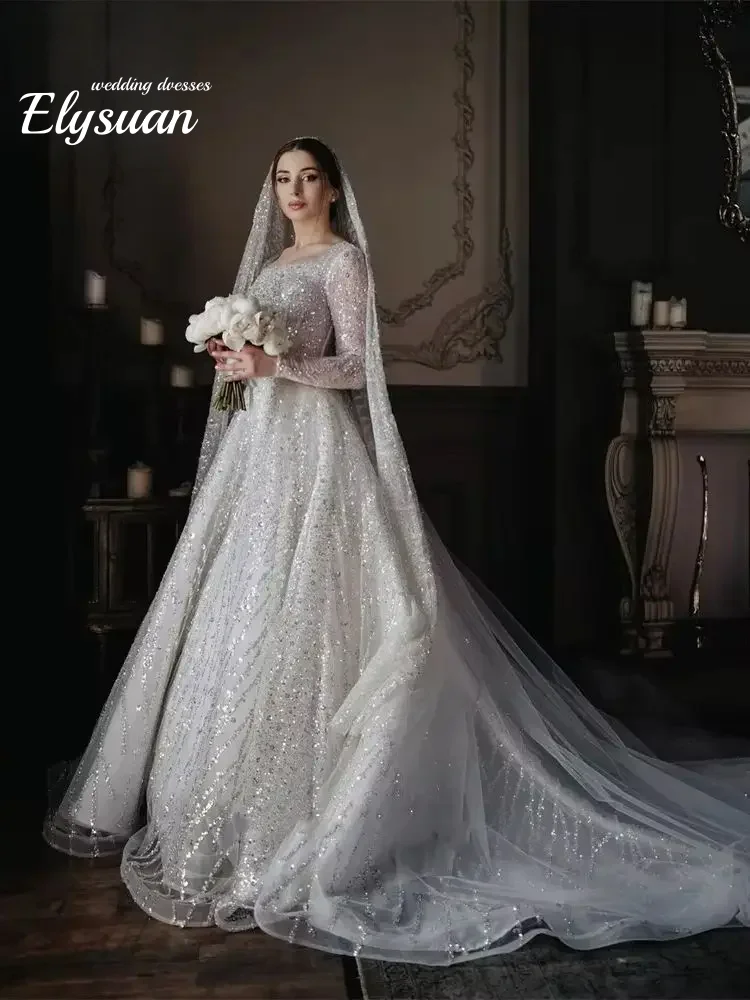 

Customized Vintage Sparkly Beads Tulle Long Formal WeddingDresses A Line Square Neck Dubai Long Sleeves Vestido De Novia