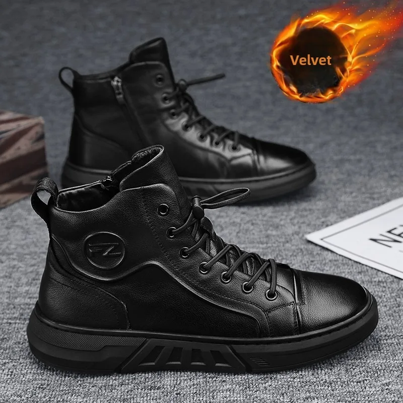 

Men Black Casual Leather Boots Autumn Winter High Top Warm Zipper Shoes Platform Work Boots Comfortable Flats British Style Boot