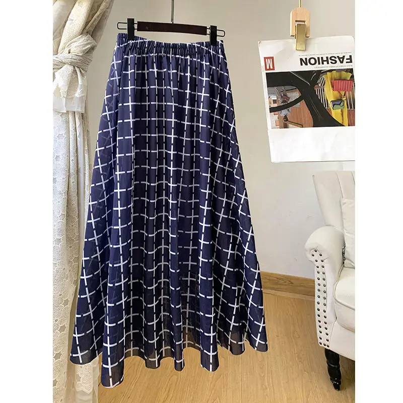 Classic Casual Plaid Large Swing Skirt Women High Waist Office All-match Mid Length Version Wave Point Lady A-line Skirt