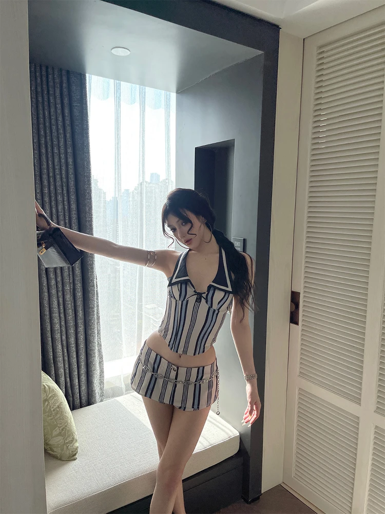 

ChiclyNana Spicy Girl Stripe Ne Hanging Fibone Vest Sexy Skirt Two Piece Set Polyester Fiber ort Sve V Ne
