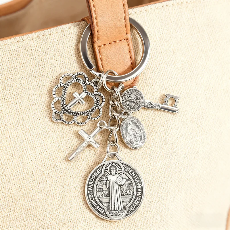 San Benedict Pendant Hollow Heart Keychain Accessory Vintage Double-Sided Cross Key Ring Catholic Themed Jewelry