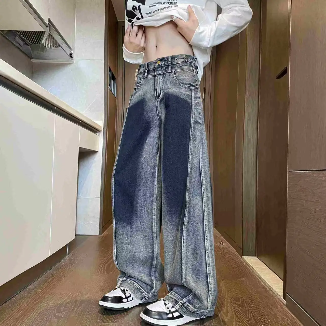 

Washed Gradient Dyed Men's Jeans Summer High Street Design Long Leg Visual Knife Straight Leg Jeans Middle High Waist Cotton ...