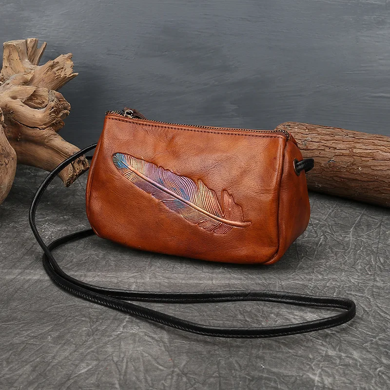 Unique Artistic Feather Embossed Small Zippered Shoulder Purse for Women Genuine Cowhide Leather Bag Vintage Crossbody Bags