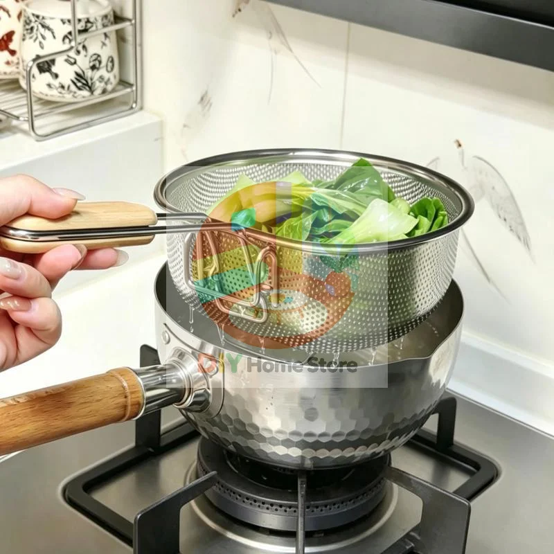 Stainless Steel Colander Fine Mesh Strainer Heat Resistant Wooden Handle BPA Free for Kitchen Rice Fruit Draining Use