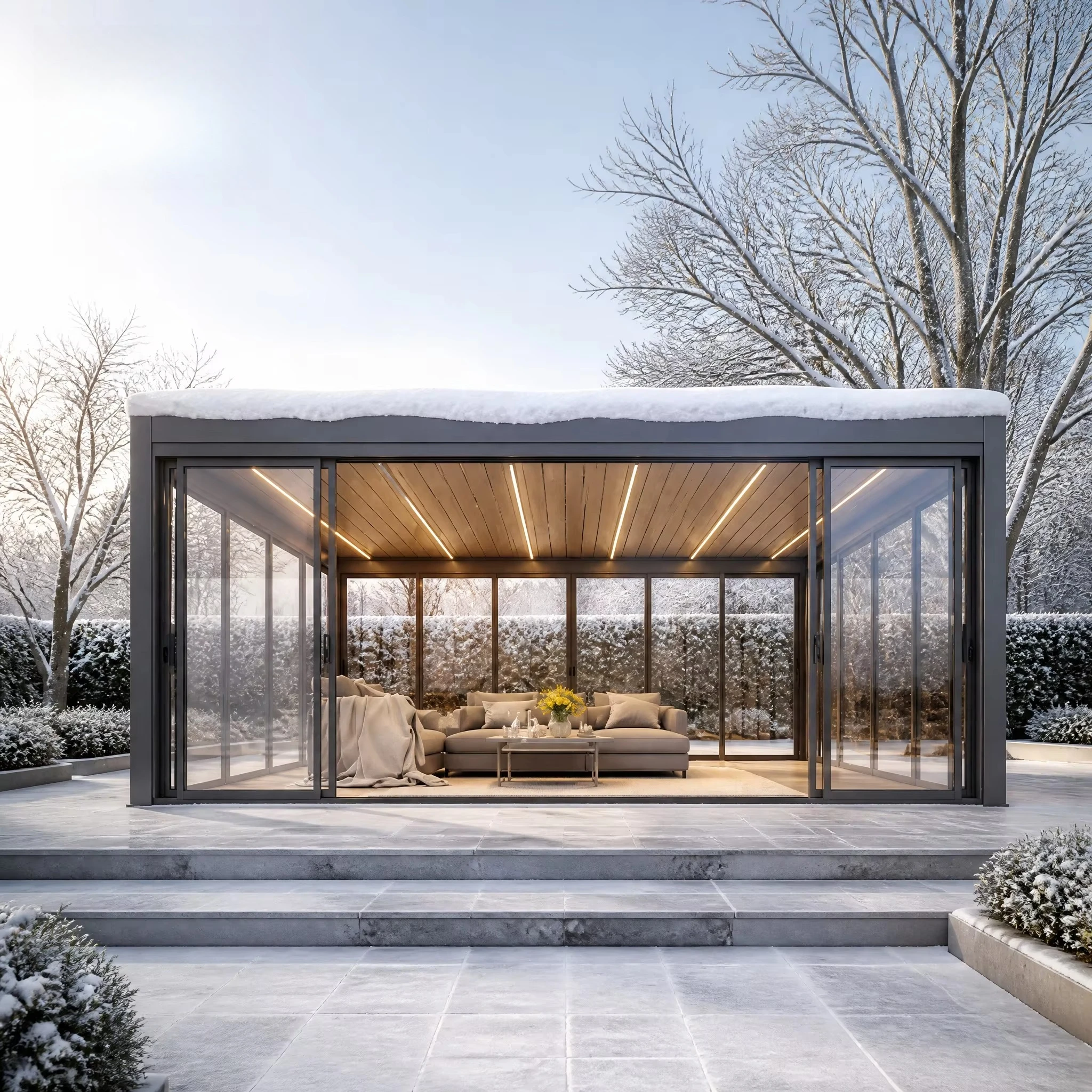 Aluminum Louver Cantilever Pergola, Precast Waterproof Shade Structure With Sliding Glass Door For Cafe Terrace