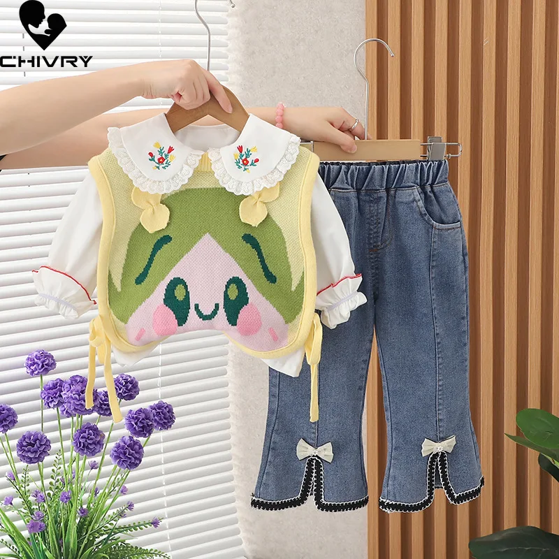 New Autumn Kids Cute Cartoon Jacquard Knit Vest Lapel Shirt with Denim Pants Jeans Baby Girls Fashion Three-piece Clothing Sets