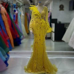 Yellow Feather Aso Ebi Wedding Party Dress Formal Woman Evening Dresses Arabic Middle East Engagement Gowns Prom Robe De Soiree