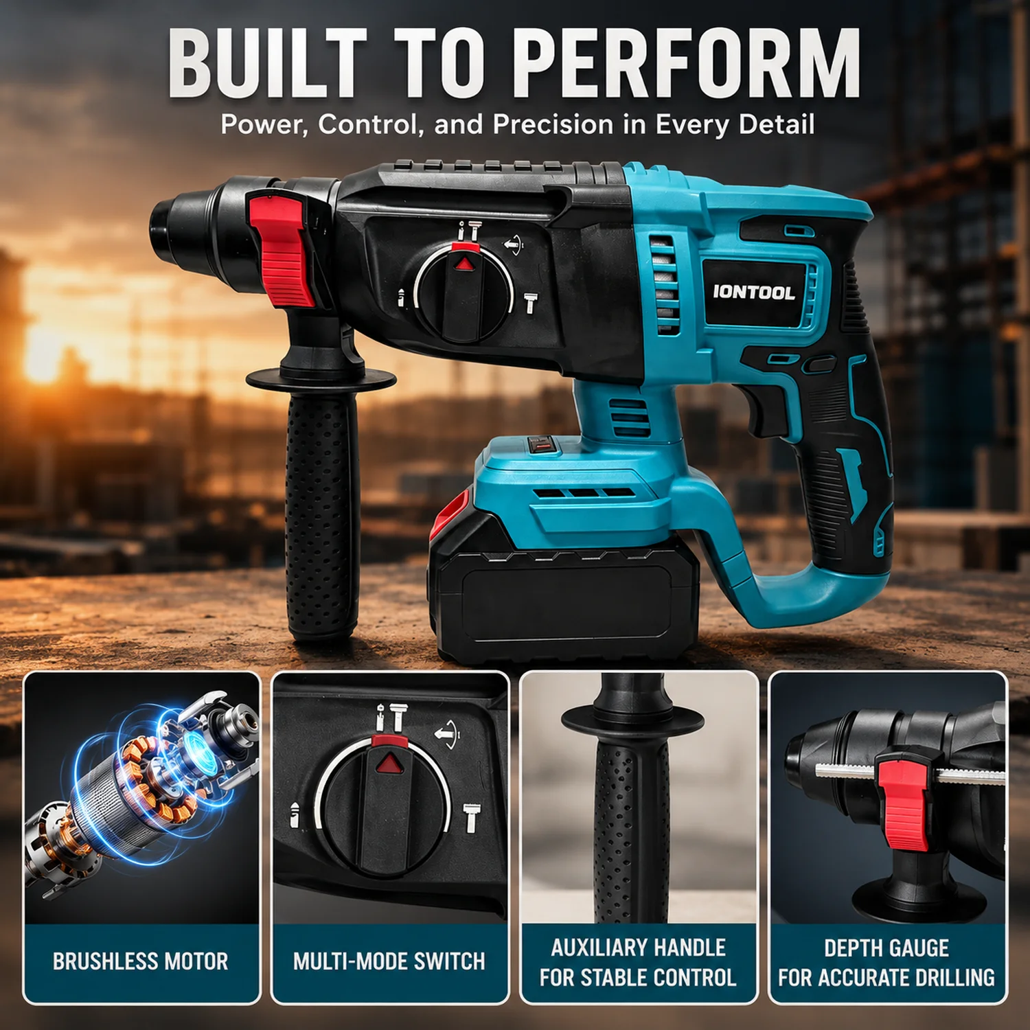 IONTOOL 26mm 1800RPM 4550BPM Brushless Rotary Hammer for Bracket Installation and Anchor Fixing Work