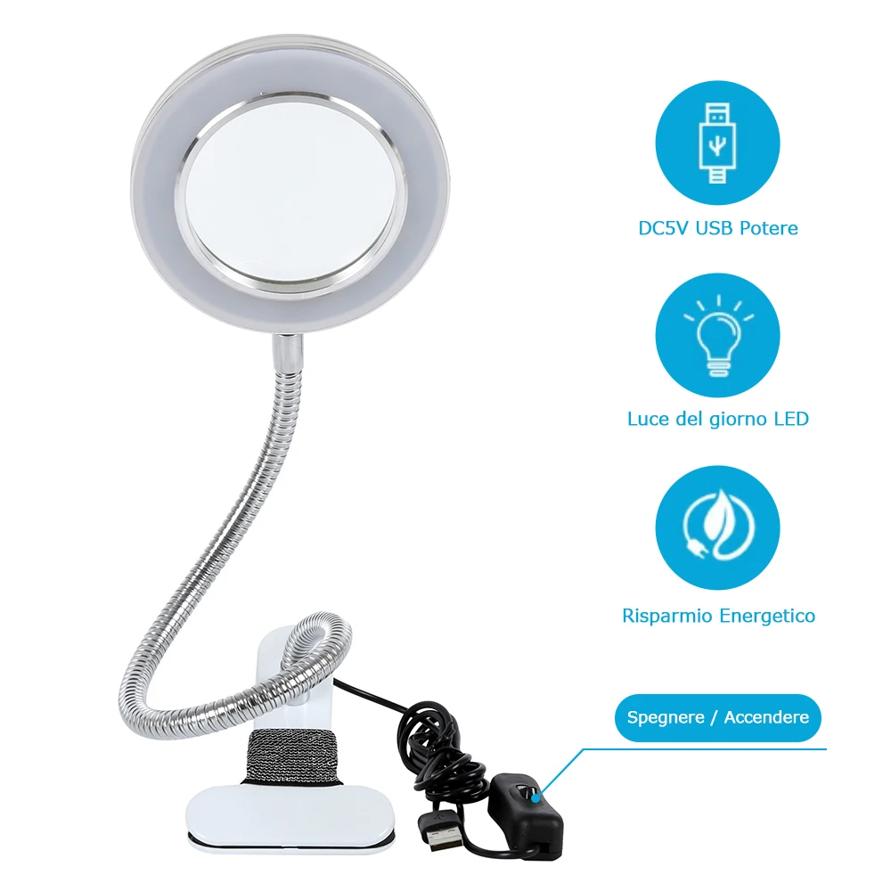 Lampe de table d'étude à LED USB avec clip, lampe de bureau de maquillage et de beauté, temps de lecture, loupe circulaire