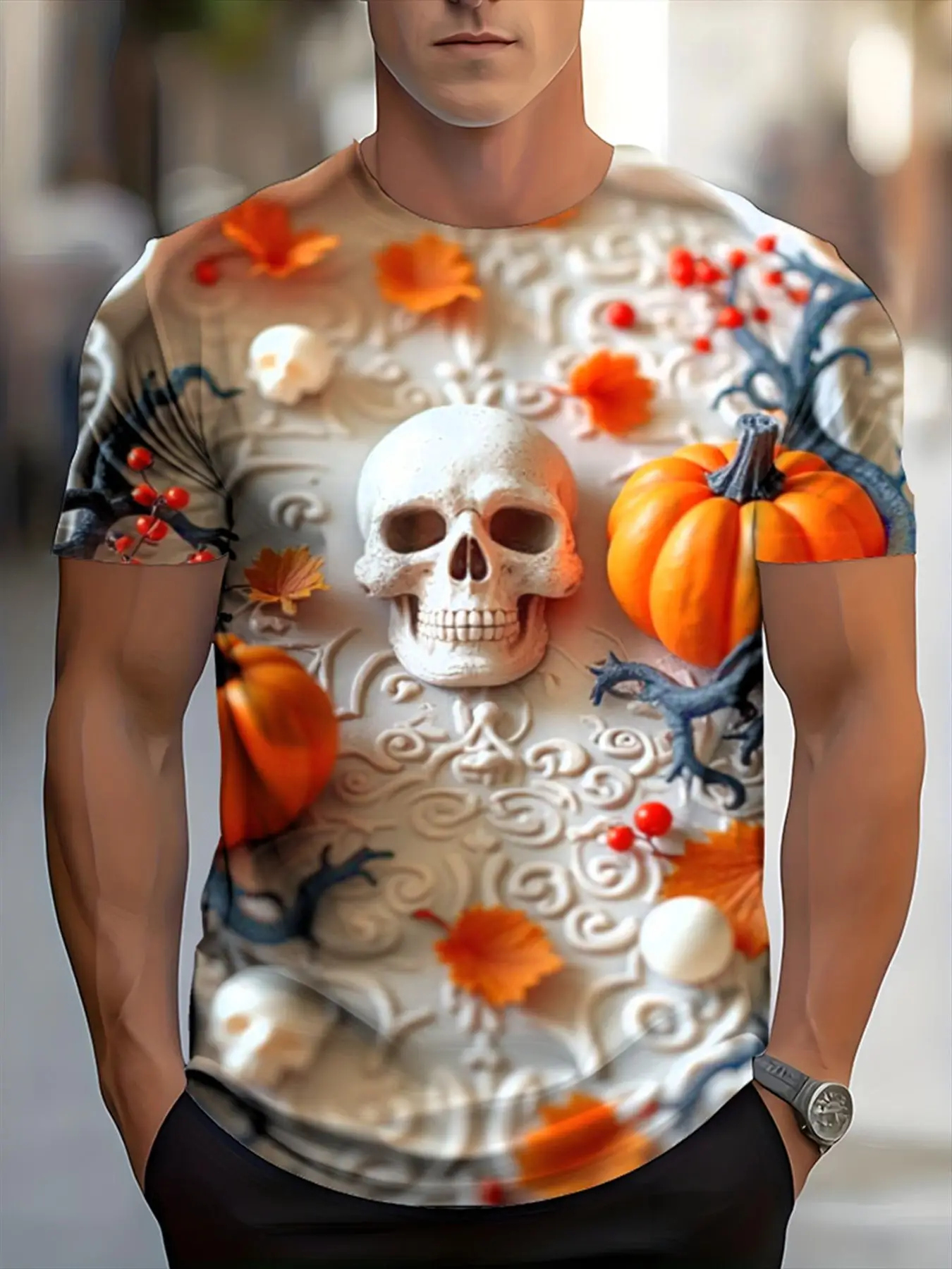 Men Short Sleeve T‑Shirt 3D Skull Pumpkin Maple Leaf Berry Twig Print Autumn Halloween Casual Party Top