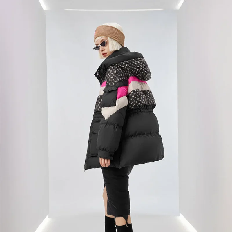 

Women's Winter Puffer Coats, Thick Warm Jacket, Loose Outerwear, Color Clash Trend, High Street, New, 2024