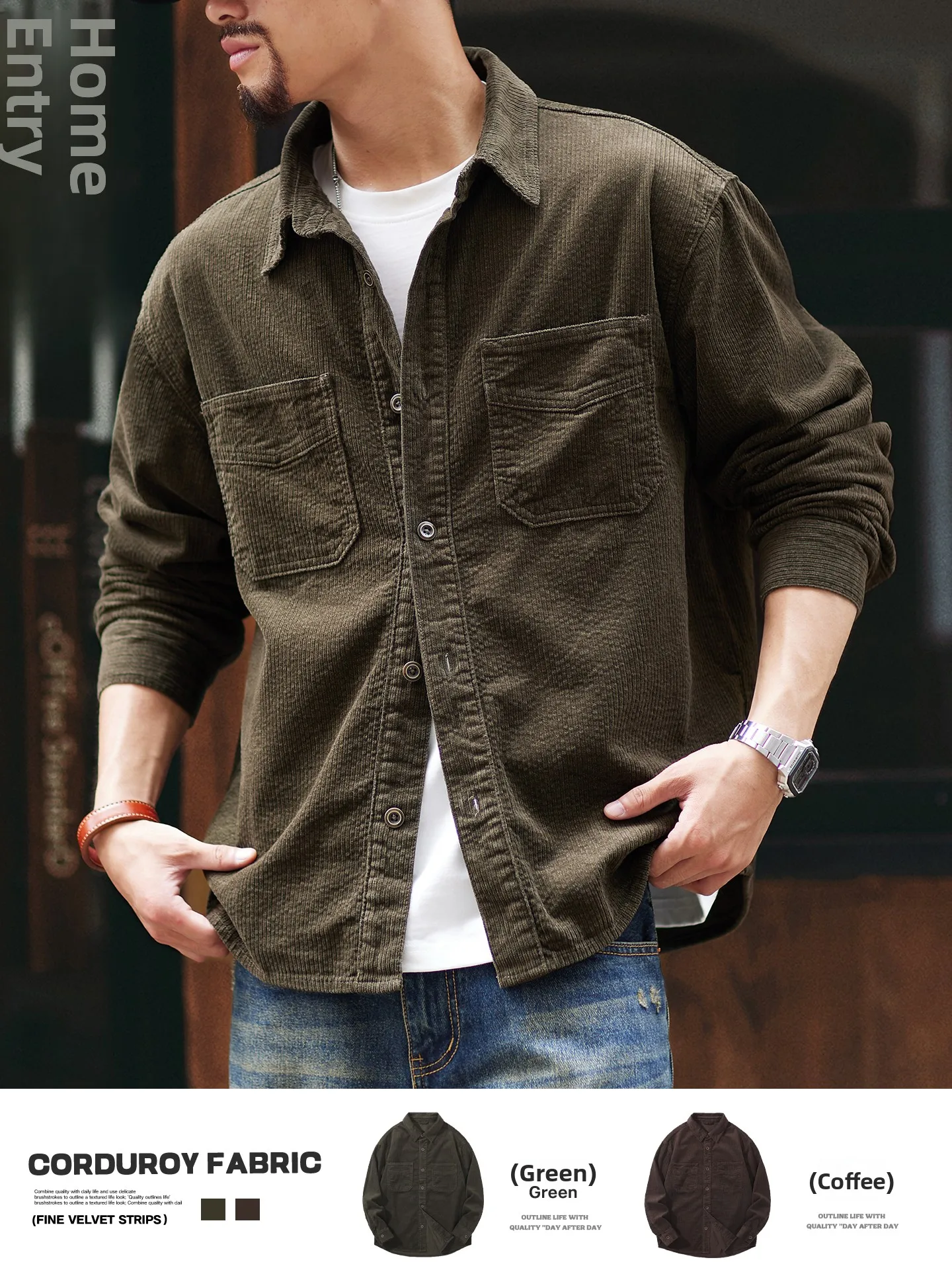 Retro Washed Corduroy Workwear Shirt Jacket Men's Spring New American Style Casual Collar Coat Loose Fit Long Sleeve Cotton P...