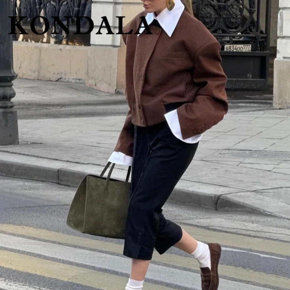 KONDALA Chic Streetwear Vintage Soild Women Outwears Fashion 2025 Autumn Single Breasted Pocket Straight Vintage Female Jacket
