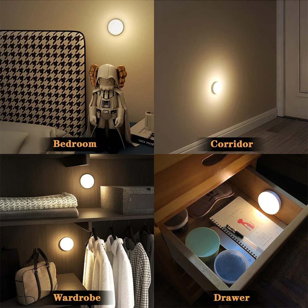 PIR Motion Sensor LED Night Light USB Rechargeable Dimmable Lamp For Bedroom Kitchen Cabinet Stair Wireless Closet Drawer