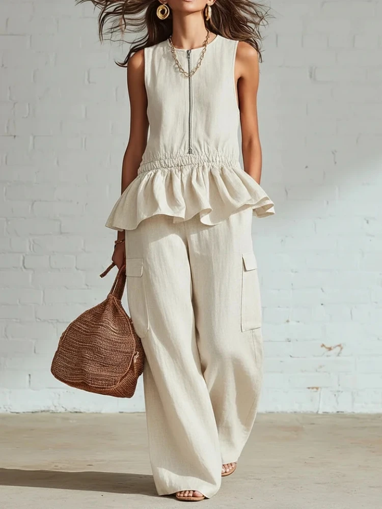 

Two Pieces Women Pant Sets Solid Sleeveless Zipper O Neck Ruffle Top High Waist Wide Leg Pants Loose Office Casual Summer Set