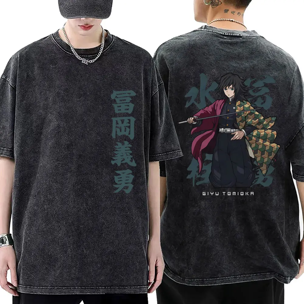 

Винтажная аниме Demon Slayer Water Hashira Tomioka Giyuu, двухсторонняя футболка с принтом для мужчин и женщин, модная повседневная хлопковая футболка