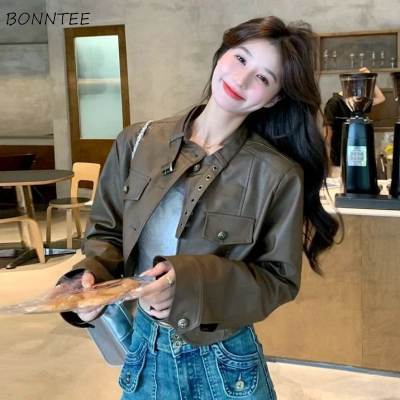 

Crop PU Jackets for Women Vintage Style Fashion Biker Streetwear All-match Chic Girls Spring Autumn Washed Stand Collar Coats