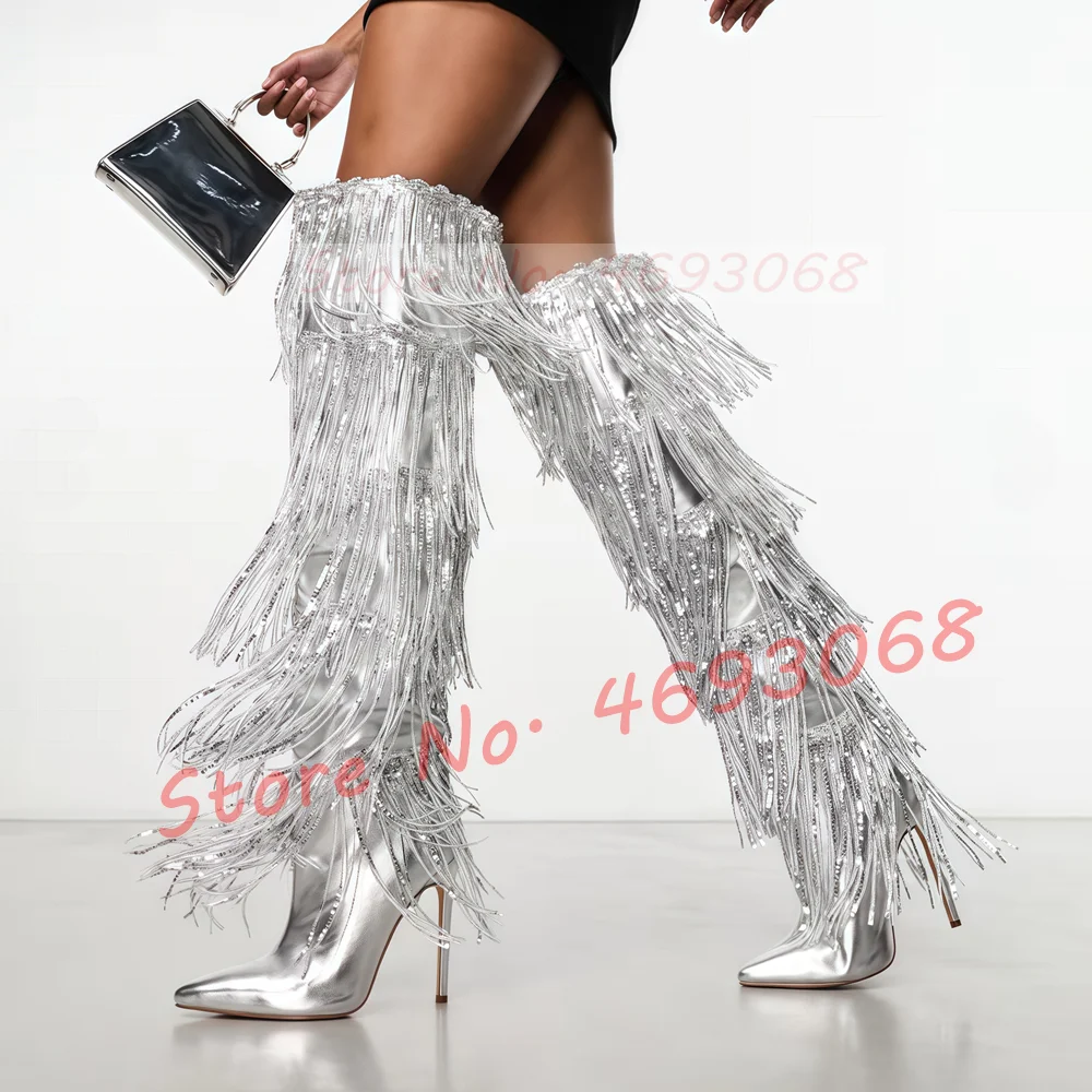 Silver Sequin Tassel Knee High Boots Women Sexy Sparkly Metallic Pointed Toe Thin Heel Shoes Ladies Streetwear Glittery Boots