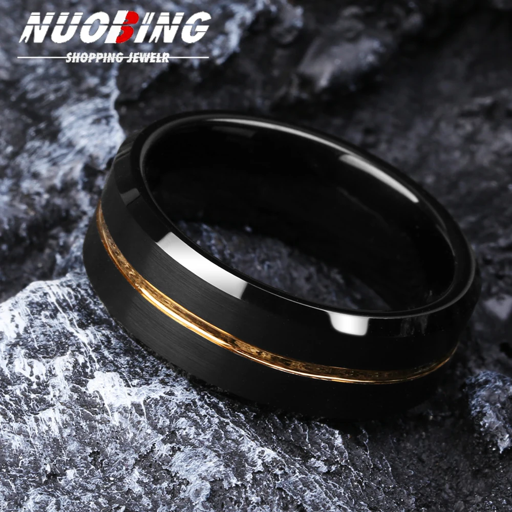 2025 Fashion 8mm Men's Black Tungsten Wedding Band Rings Golden Groove Beveled Edge Engagement Ring for Men's Valentine Gifts Je