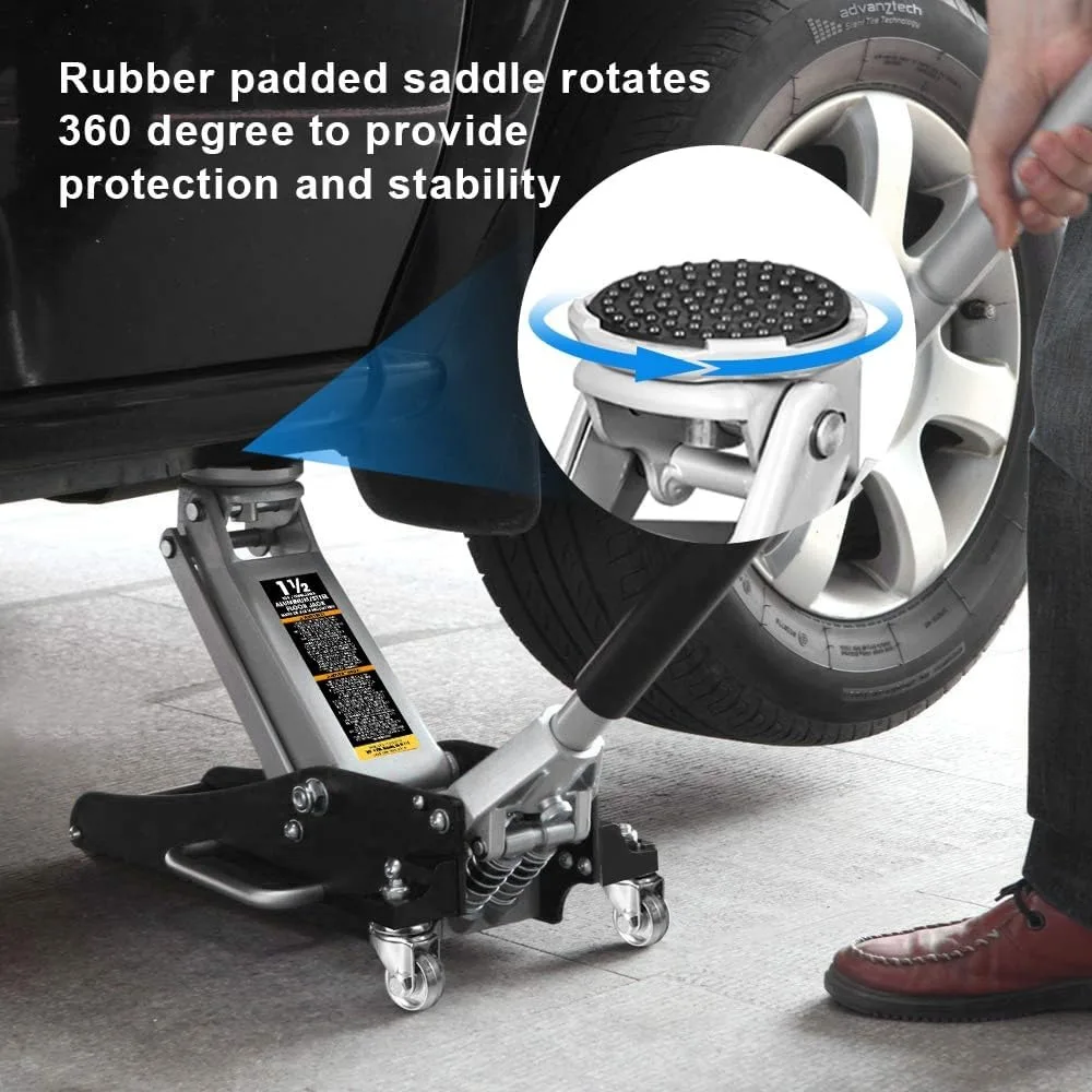 Hydraulic Racing Floor Jack with Low Profile Aluminum and Steel Construction, Dual Piston Pump, 1.5 Ton Capacity