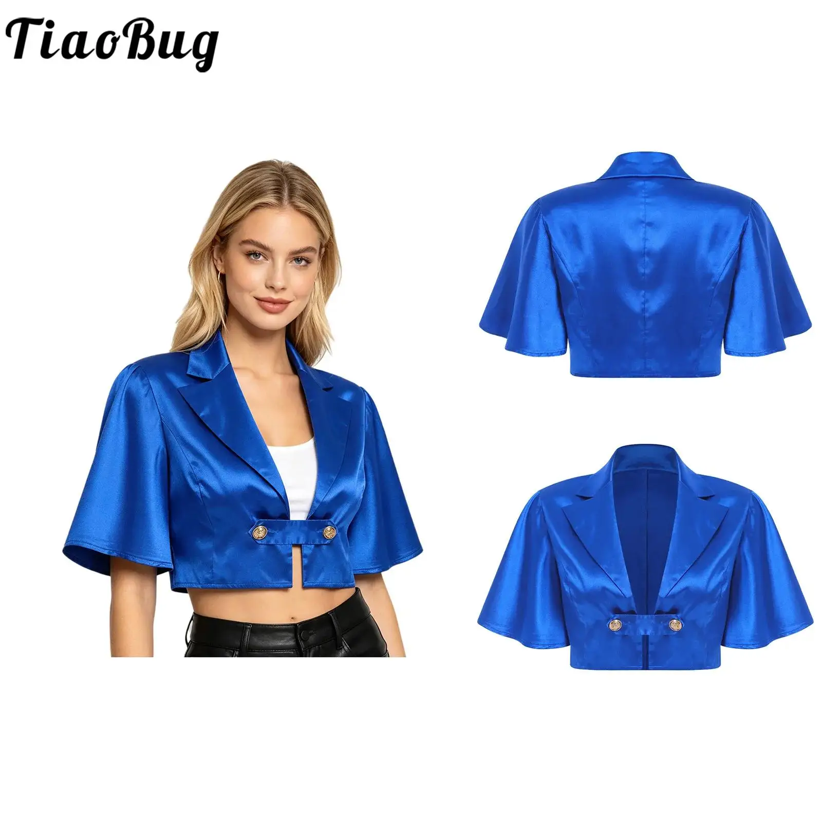 Women Victorian Satin Cropped Shirts Elegant Lapel Collar Tops Flutter Sleeve Front Buttons Blouse for Casual Daily Themed Party