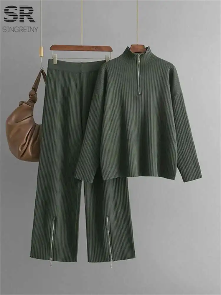 

BabYoung Solid Zipper Rib Knitting Sets Women Autumn Winter Turtleneck Sweater+Elastic Waist Long Pants Casual 2Pcs Suits