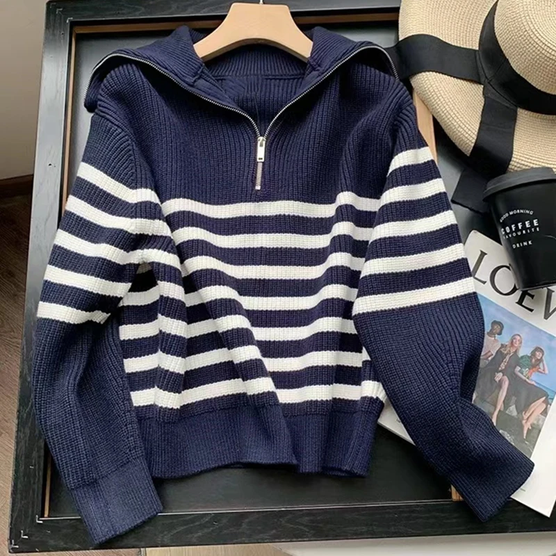 HELIAR Women Striped Loose Knit Sweater Casual Long Sleeve Zipper Polo Collar Sweaters Thickened Warm Pullovers Autumn Winter