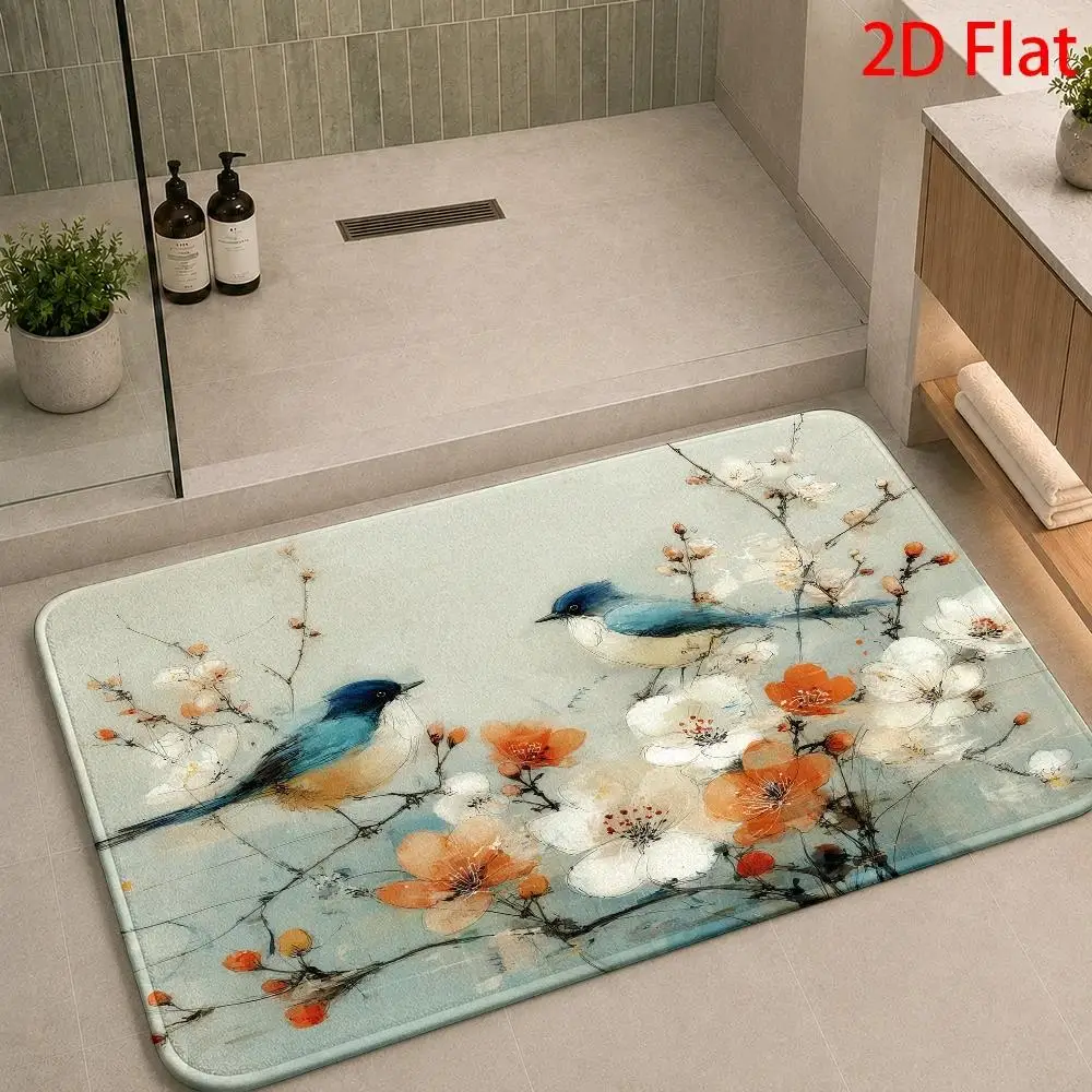 Decorative Watercolor Floral Bird Bathroom Mat Rug Washable Decorative Spa Vanity Runner Mat for Bathroom Sink Area