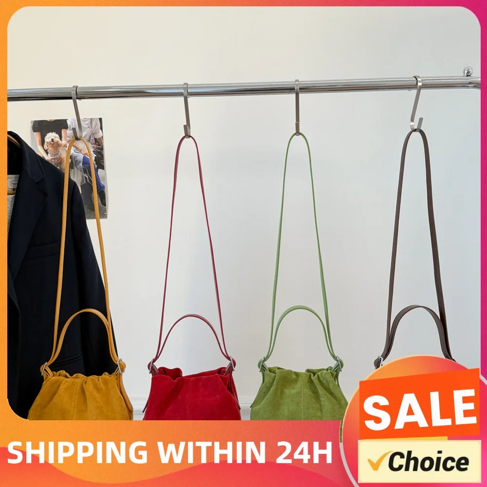 Women Faux Suede Shoulder Bag W/ Adjustable Strap Drawstring Top Handle Bag Shoulder Handbags for Travel Work
