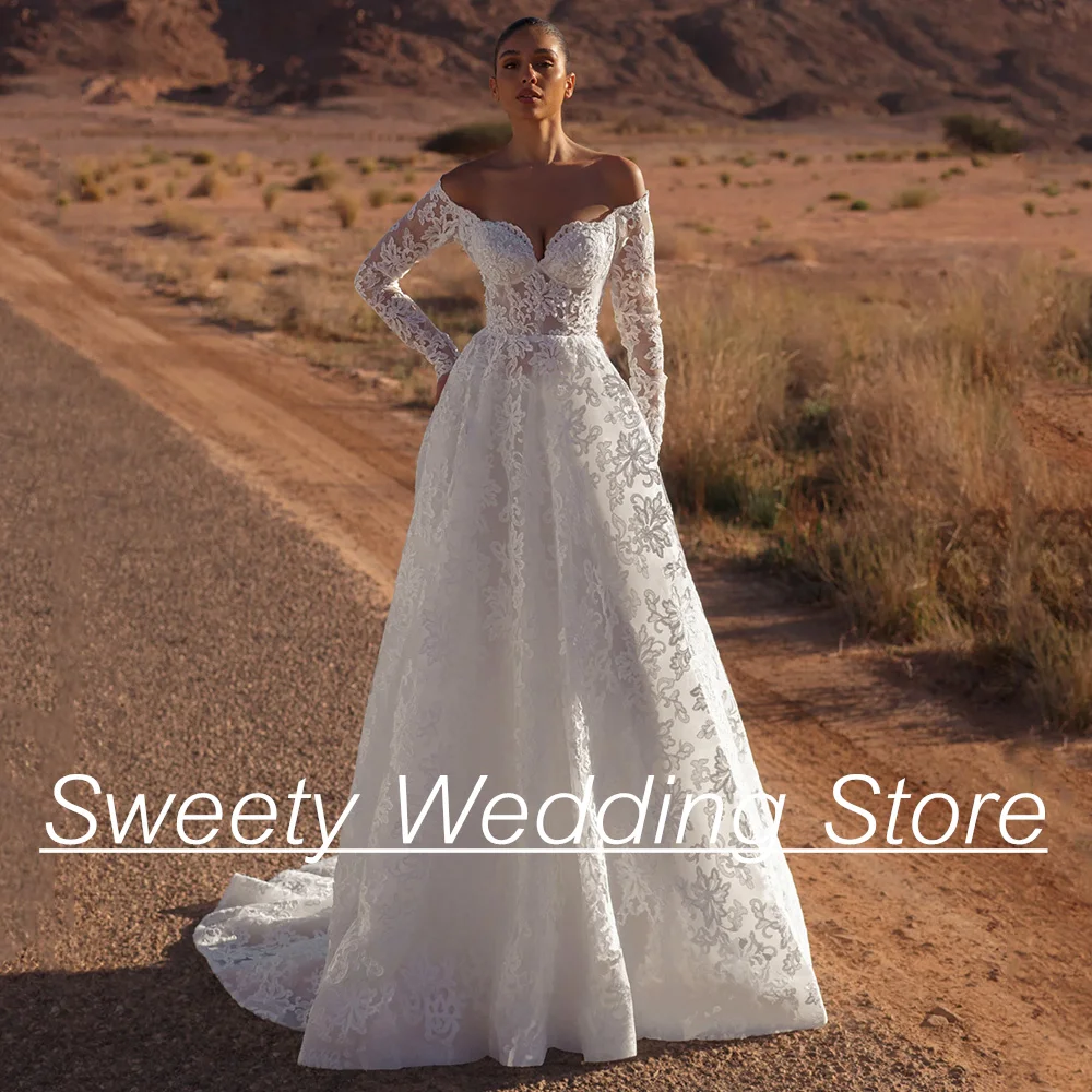 

Romantic Lace Wedding Dress Long Sleeves V Neck Sweep Train Back Zipper Illusion A Line Bridal Gown Customized Vestido De Noiva