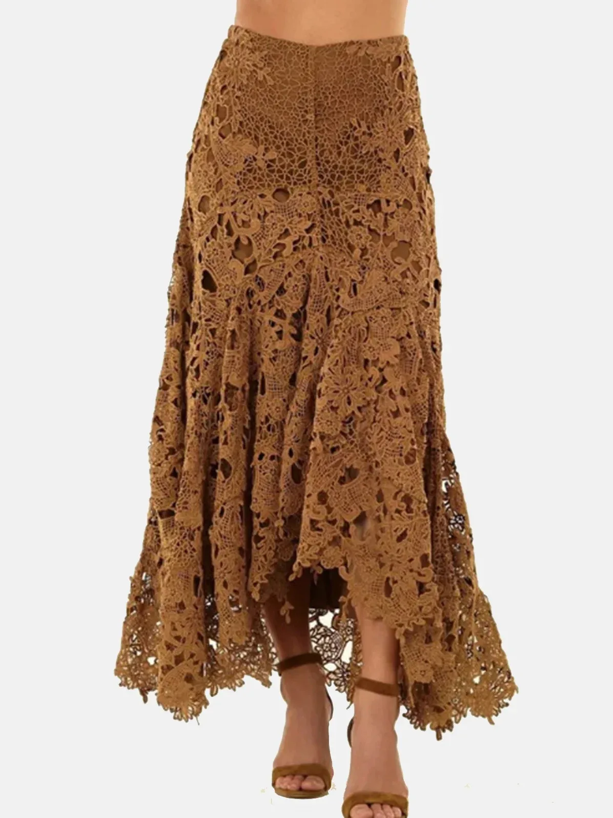 Elegant Lace Asymmetrical Skirt Women Vintage Y2K Boho High Waist Hollow Mesh Patchwork Layered Maxi Skirts Lady Holiday 4G3W