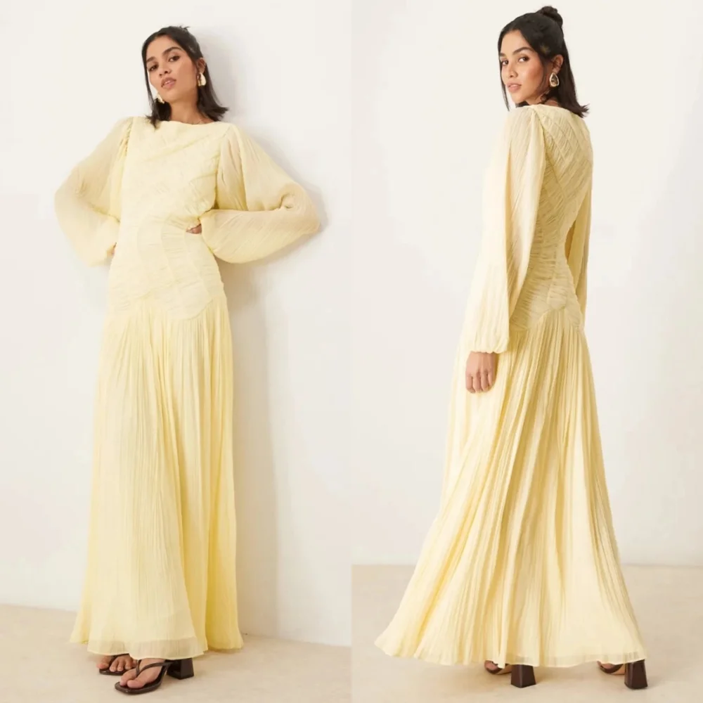 Customized Chiffon Pleat A-line O-Neck Midi Dresses Bespoke Occasion Homecoming Casual Simple Matching