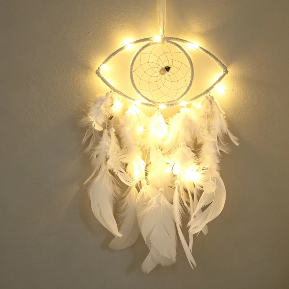 Pure White All Seeing Eye Glowing Dreamcatcher LED Lights Hand Woven Feather Tassel Wall Hanging Home Meditation Decor Ornament