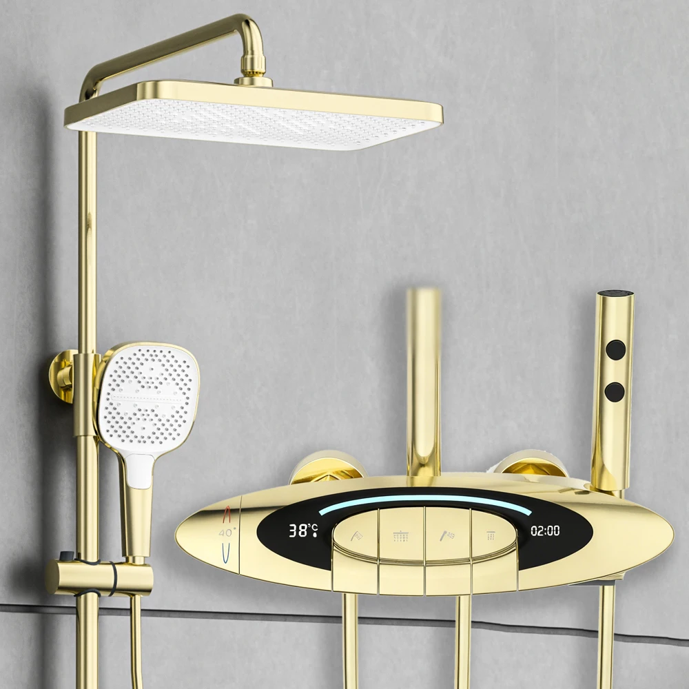 

Luxury Brushed Gold Smart Bathroom Shower System LED Display Thermostatic Shower Faucet Copper Bathtub Mixer Rainfall Shower Set
