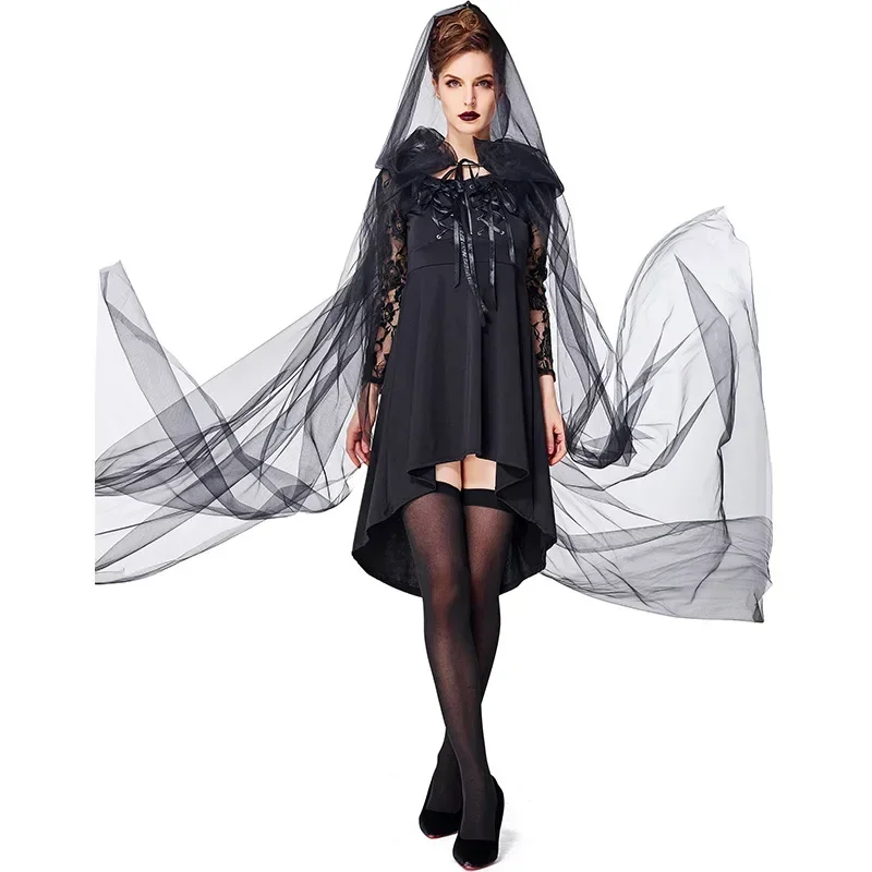 

Black Gothic Sorceress Costume Ghost Bride Cosplay For Women Halloween Purim Party Costumes Fancy Dress Long Cloak