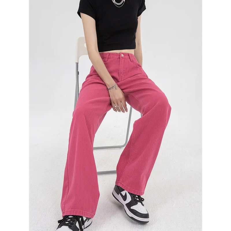 Summer Women's Jeans High Waist Dragon Fruit Color Fashion Streetwear Straight Pants Baggy Vintage Ladies Wide Leg Denim Trouser