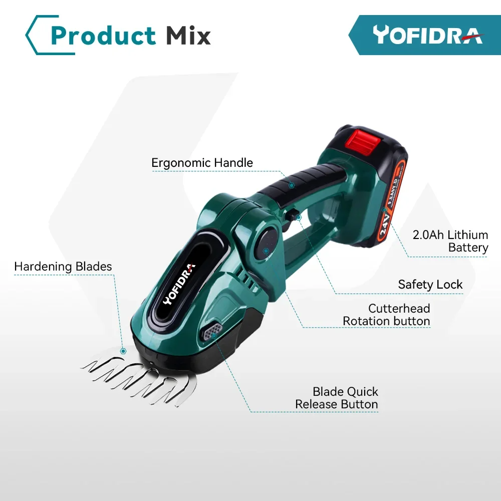 Yofidra-cortasetos eléctrico 2 en 1, cortacésped doméstico de 24V, 20000rpm, tijeras de jardín, herramienta eléctrica