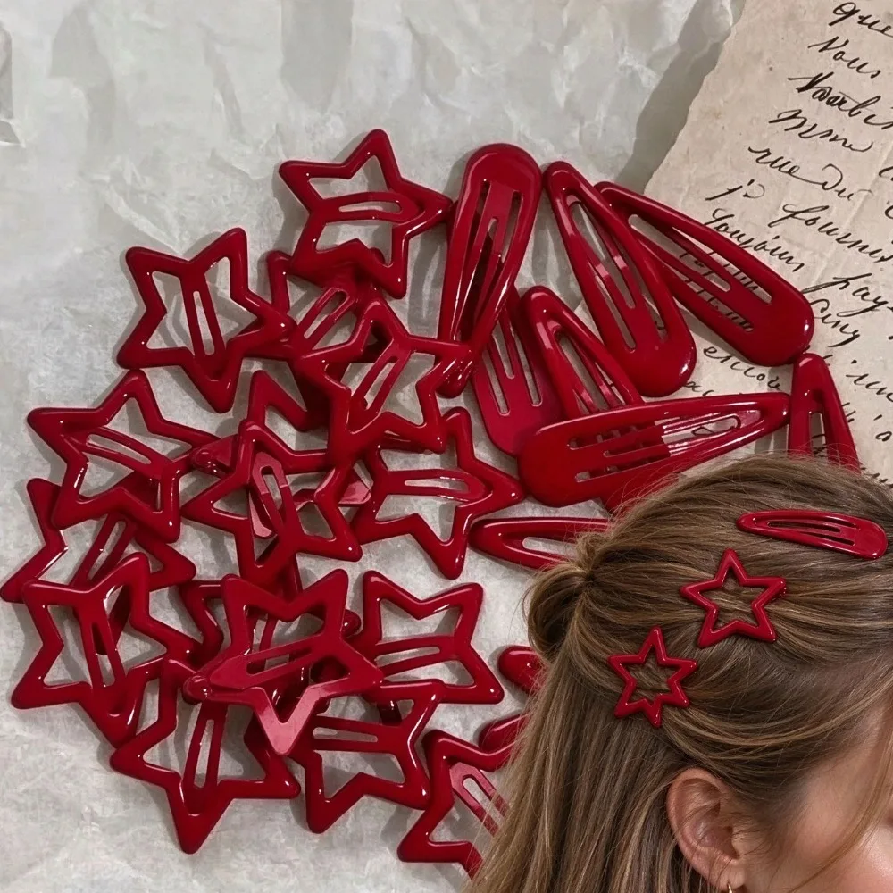 10Pcs Red Star Snap Hair Clips for Girls, Waterdrop Barrettes Black Silver Hairpins, Kawaii BB Hair Clips Women Hair Accessories