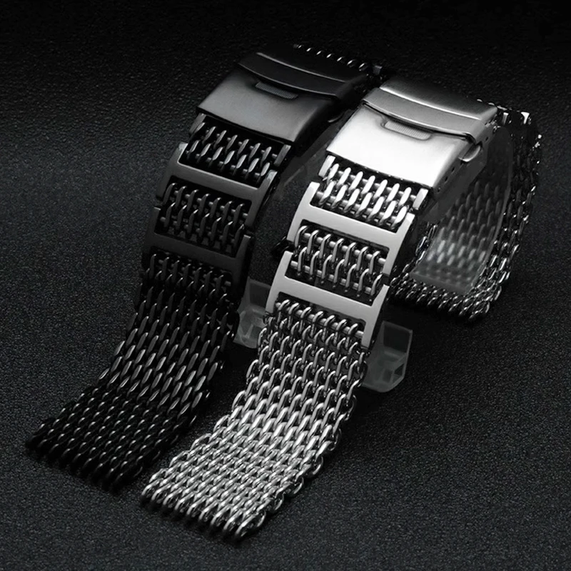 20mm 22mm 24mm Cool Outstanding Shark Mesh Watchband  for Seiko New No.5 /Casio/ Huawei Stainless Steel Replacement Bracelet