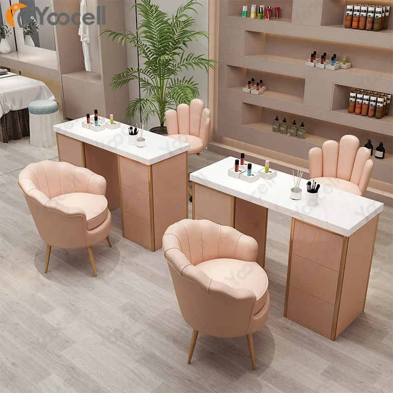 Yoocell, venta al por mayor, superventas, juego de mesa de uñas de lujo a la moda, mesa de manicura Microblading de Metal superior dorada para tienda de manicura