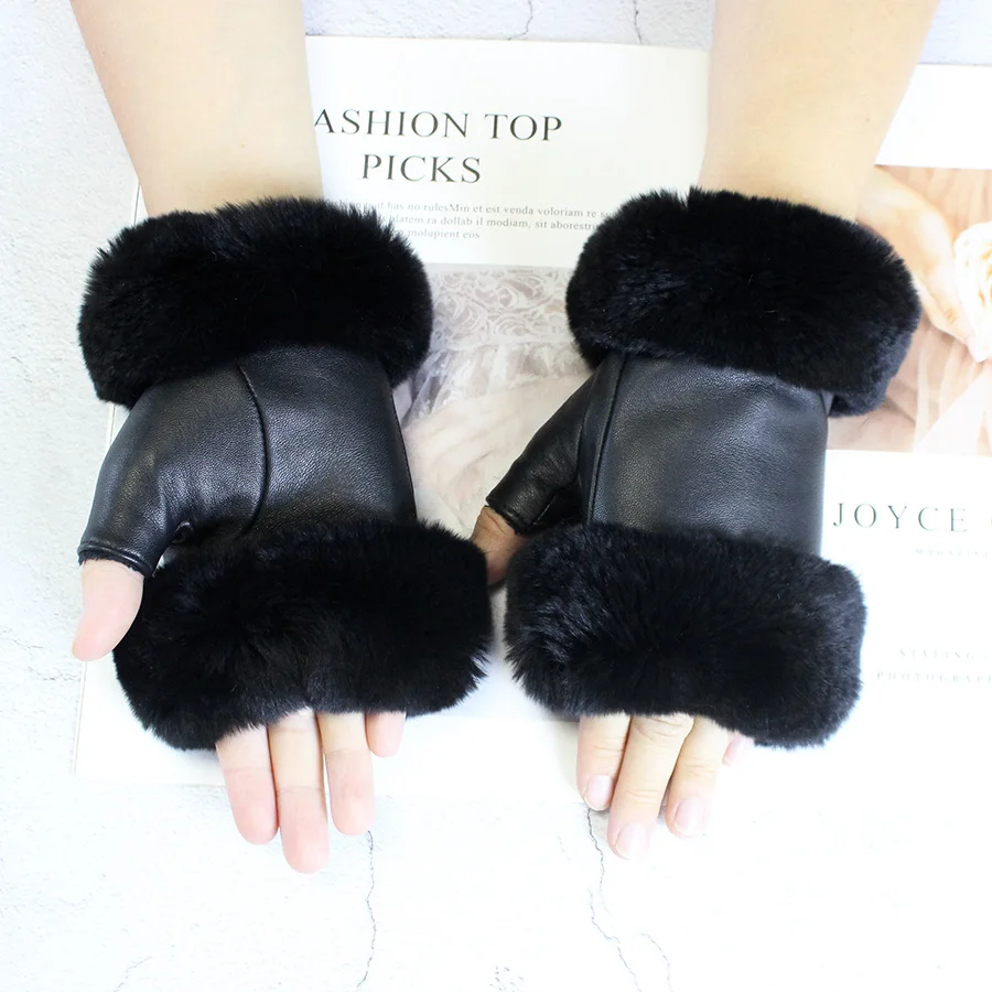 Fashionable New Sheepskin Fingerless Gloves Women\'s Black Leather Rabbit Fur Velvet Lined Winter Warm Short Half Finger Gloves