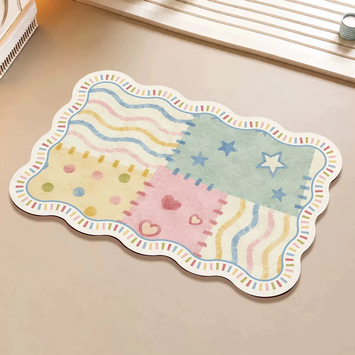 Aesthetic Colorful Cartoon Patchwork Absorbent Bathroom Mat Soft Diatomite Floor Mat Quick Dry Non Slip Bath Rug Home Decor