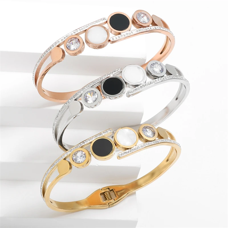 

FEEHOW Trendy Black Shell Stainless Steel Bangles Bracelets White Round Zircon Bangles for Women Fashion Birthday Gift