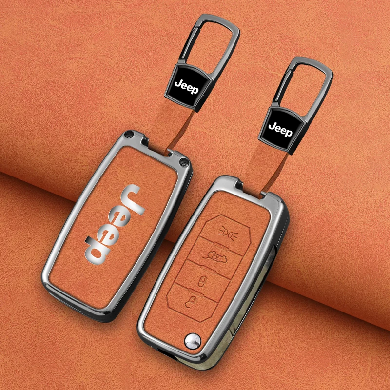 

Zinc Alloy Leather 4 Buttons Car Folding Key Case Protector Cover Fob for Jeep Renegade Compass 2016 2019 2020 2021 Accessories