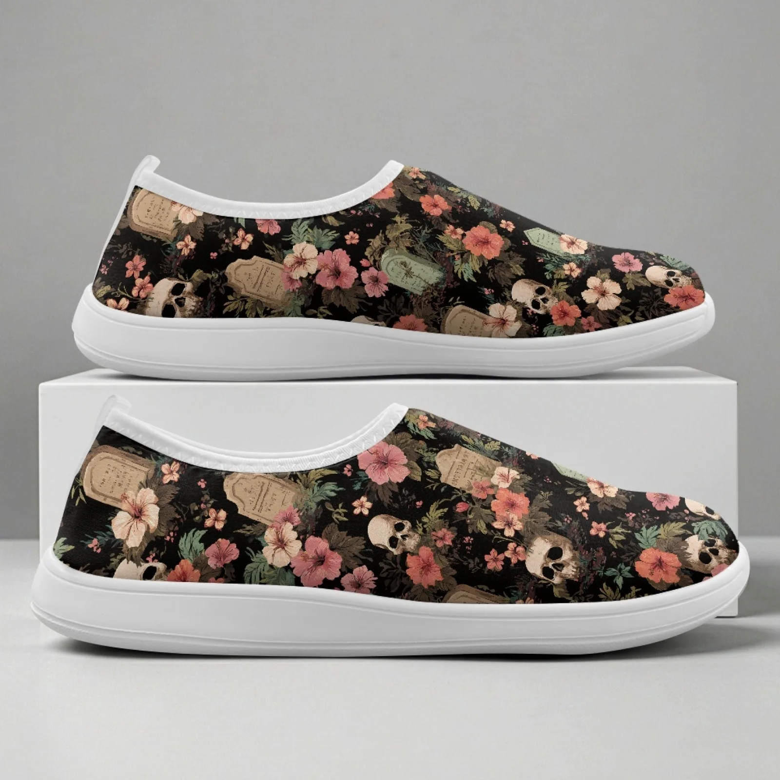 XIXIRIMIDO Women's Slip-on Wide-toed Shoe Nurse Shoes Men's Sneakers and Casual Shoes Zapatillas de Mujer Feminino Rose Skull