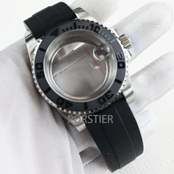 40mm Silver NH35 Case Rubber Strap for Yacht-marster mod NH35 NH36 movement 28.5mm dial Sapphire Glass Watch Cases Waterproof