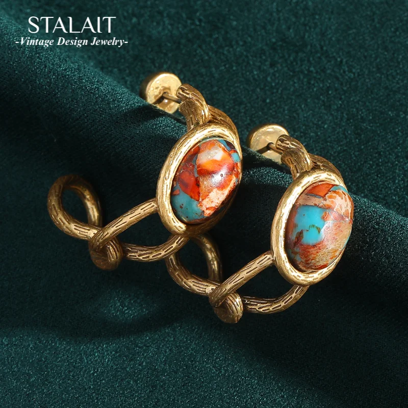 Retro Natural Stone Earrings Oval Navigation Map Hollow Half Circle Gold Color Antique Jewelry For Woman Vintage Luxury New 2025