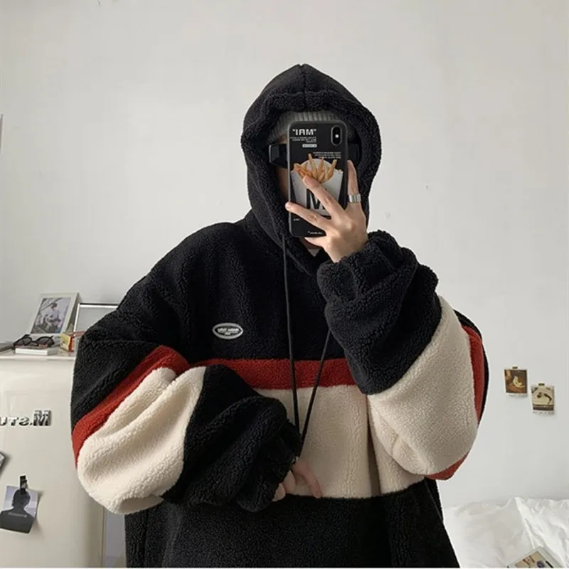 Japan Korea Style Fashion Fleece Hoodies Men Patchwork Stripe Hooded Sweatshirts Male Loose Coats Student Casual Tops Pullover